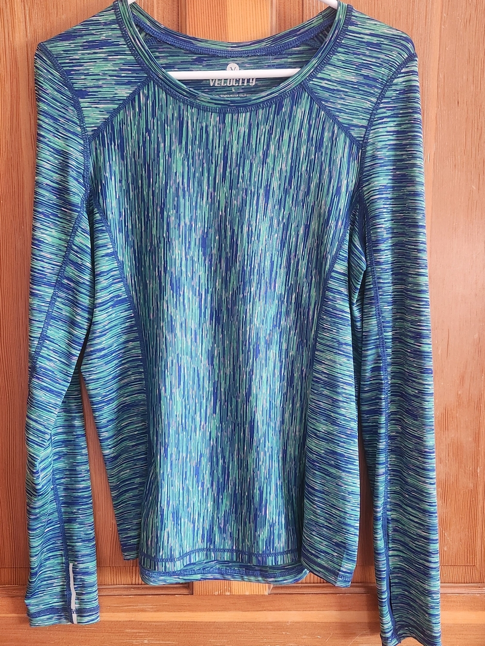 Velocity Women's Long Sleeve Athletic Tee in Blue and Green